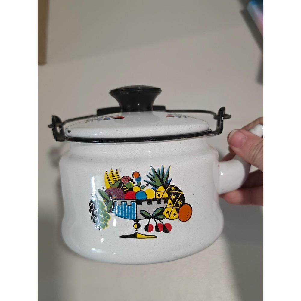 Bergen Enamelware Teapot Fruit Bowl Graphic White Enamel Tea Kettle vintage